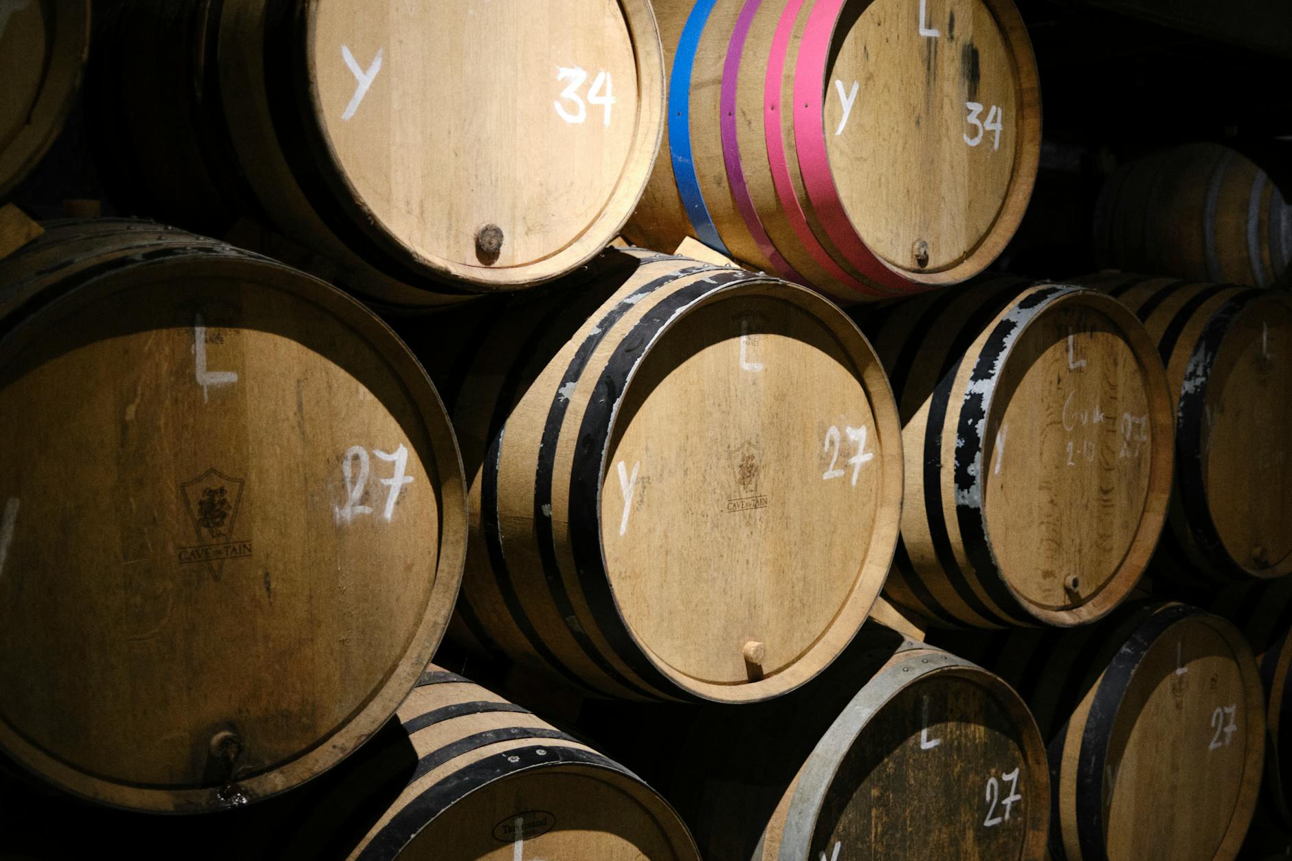 close up of wooden wine barrels